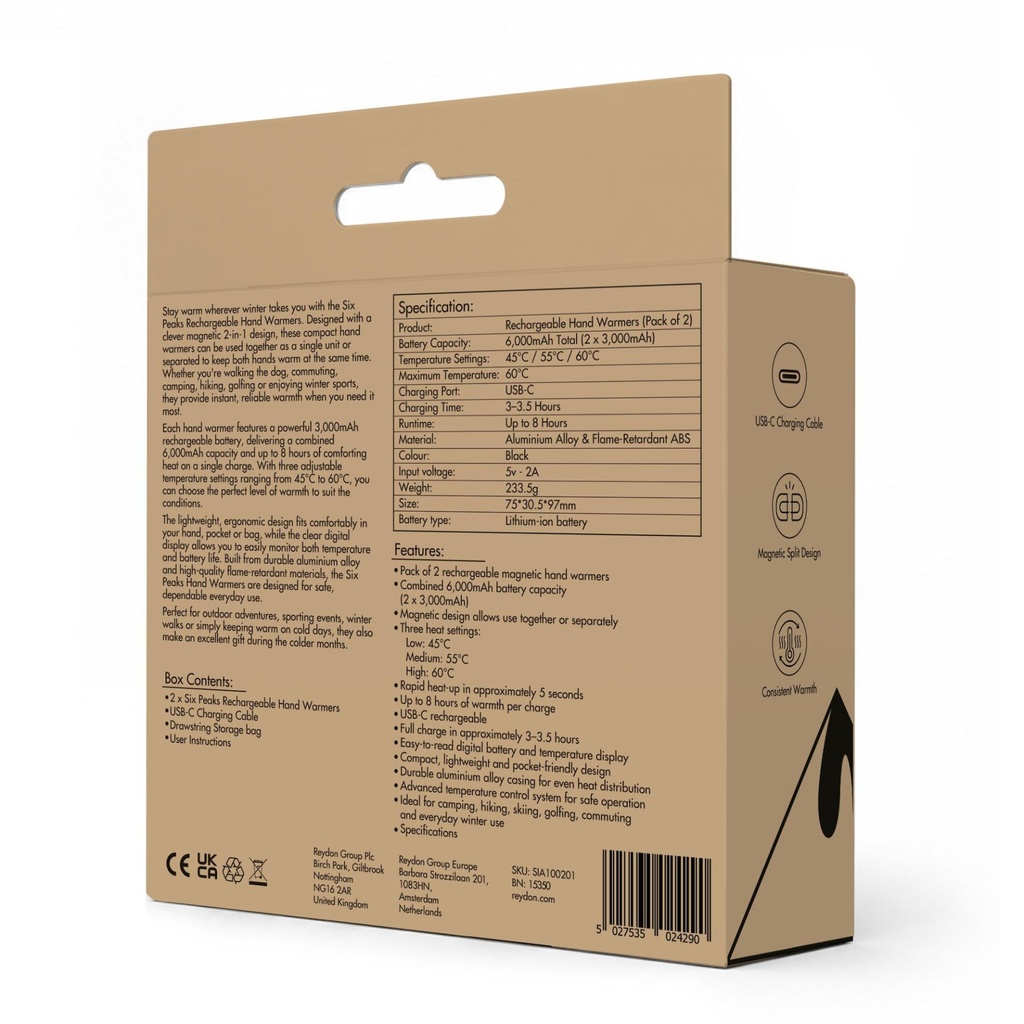 Six Peaks Rechargeable Hand Warmers (Pack of 2)